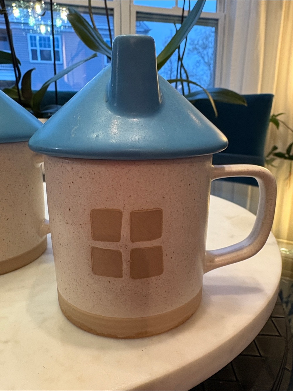 Ceramic House-Shaped Sugar & Creamer Set in Blue and Beige - Picture 2 of 4